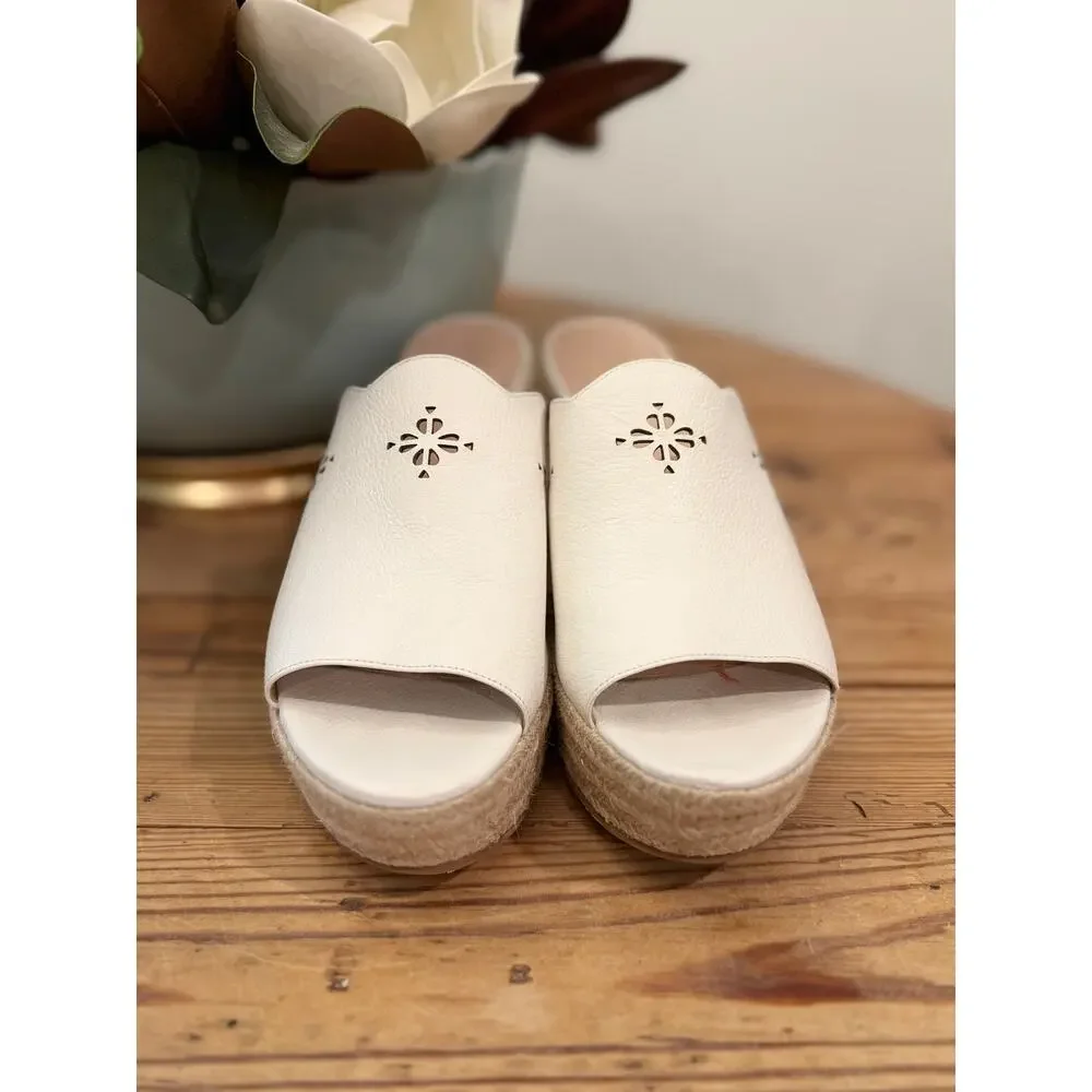 Kate Spade White Leather Espadrille Wedge Slide Sandals Laser Cut Size 10M